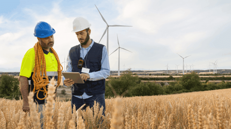 Civil engineers and construction workers wearing orange safety vests and hard hats examine plans in front of a wind turbine, a field of solar panels, and an industrial decarbonization unit. The image illustrates the planning of energy transition projects and the reduction of the industrial carbon footprint.