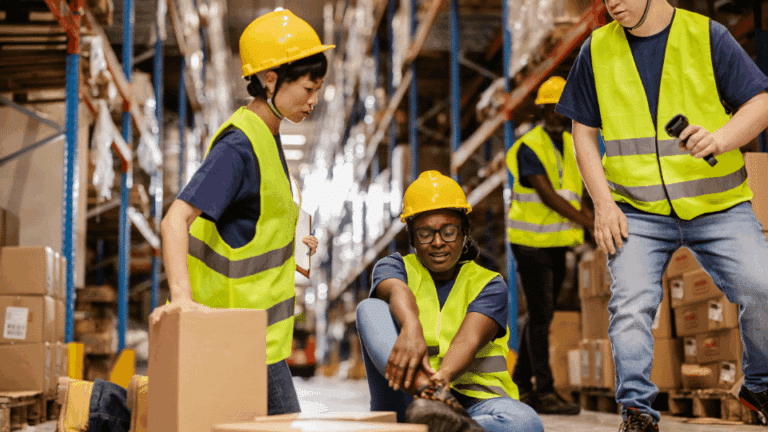 Salariés en entrepôt portant secours à un collègue blessé, illustrant la gestion d'un accident du travail (AT) en 2024.