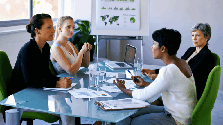 Quatre consultants en réunion discutant de l'adaptation de la stratégie RSE d'une entreprise suite aux nouvelles réglementations de la Loi Omnibus.