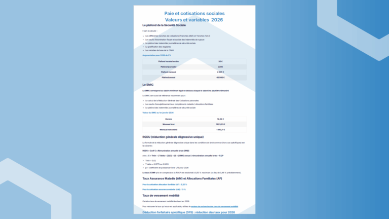 Infographie des valeurs et variables 2026 : Plafond Sécurité Sociale, SMIC et taux de cotisations sociales actualisés.