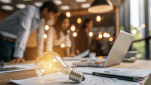 Équipe collaborant autour d'une ampoule lumineuse pour valider les entreprises éligibles aides publiques et l'innovation.