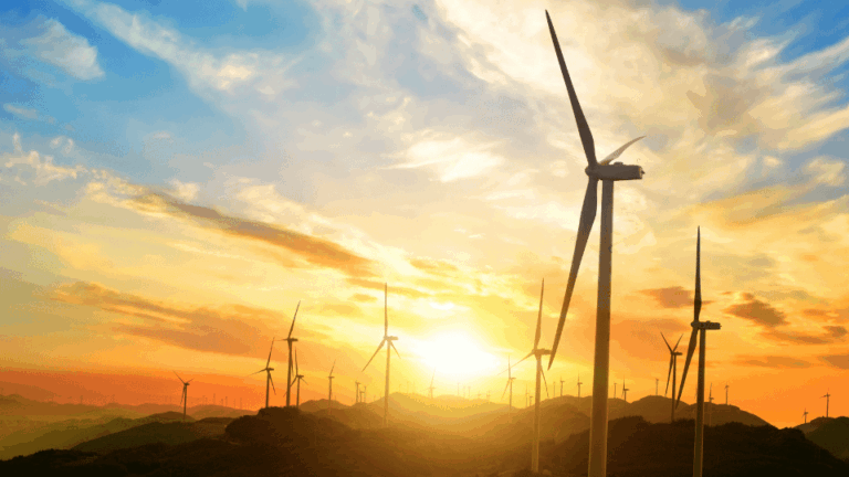 Éolienne moderne symbolisant l'innovation durable et la transition énergétique, liée à la fiscalité de l'énergie 2026.