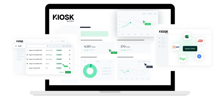 Interface de gestion Kiosk montrant la collecte de données via API et le module d'audit pour conformité CSRD.