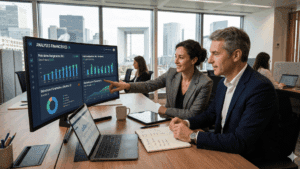Modern financial dashboard featuring an AI finance use case for automated analysis of performance graphs and ESG reporting.