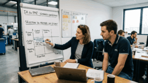 SME manager analyzing performance and profitability indicators on a SME AI interface.