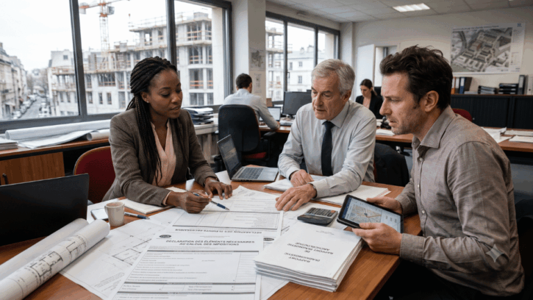Calcul de taxe d'aménagement et analyse financière sur tablette avec plans d'urbanisme en arrière-plan.